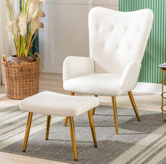 Luxe Bouclé Fauteuil met Voetenbank – Comfortabel Design & Gouden Poten