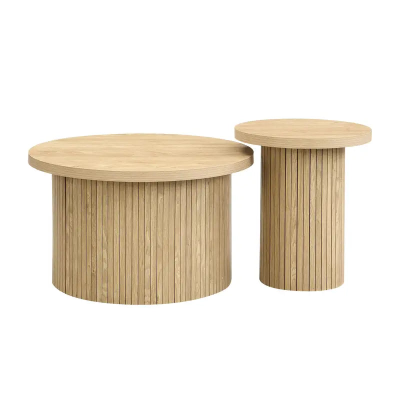 Veelzijdige Dubbele Ronde Salontafel Set met Natuurlijke Houten Latten