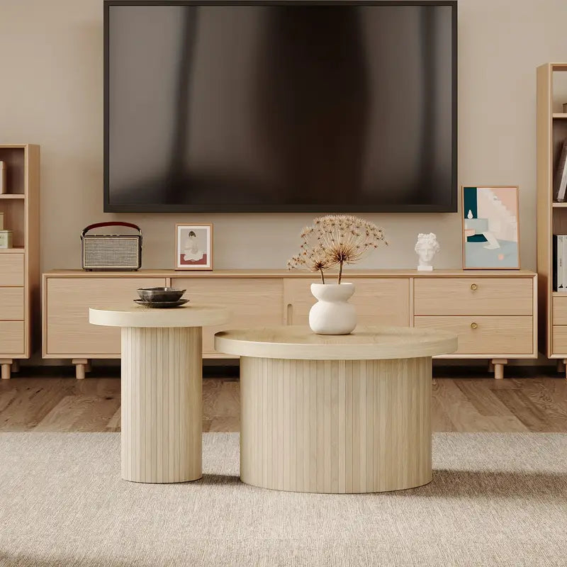 Veelzijdige Dubbele Ronde Salontafel Set met Natuurlijke Houten Latten